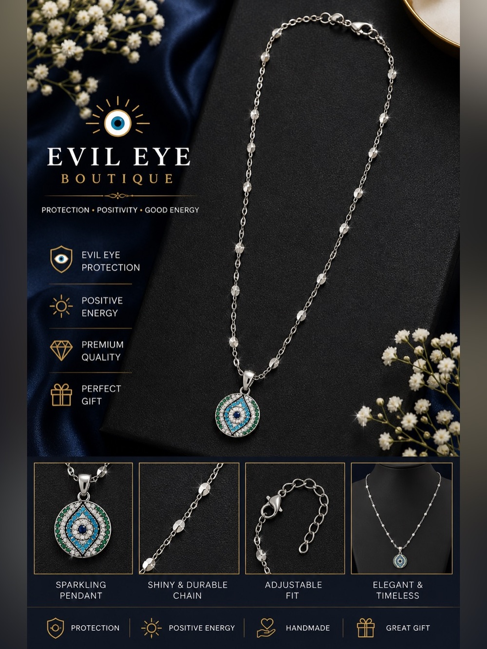 🧿Silver Necklace with Blue & Green Enamel Pendant🧿